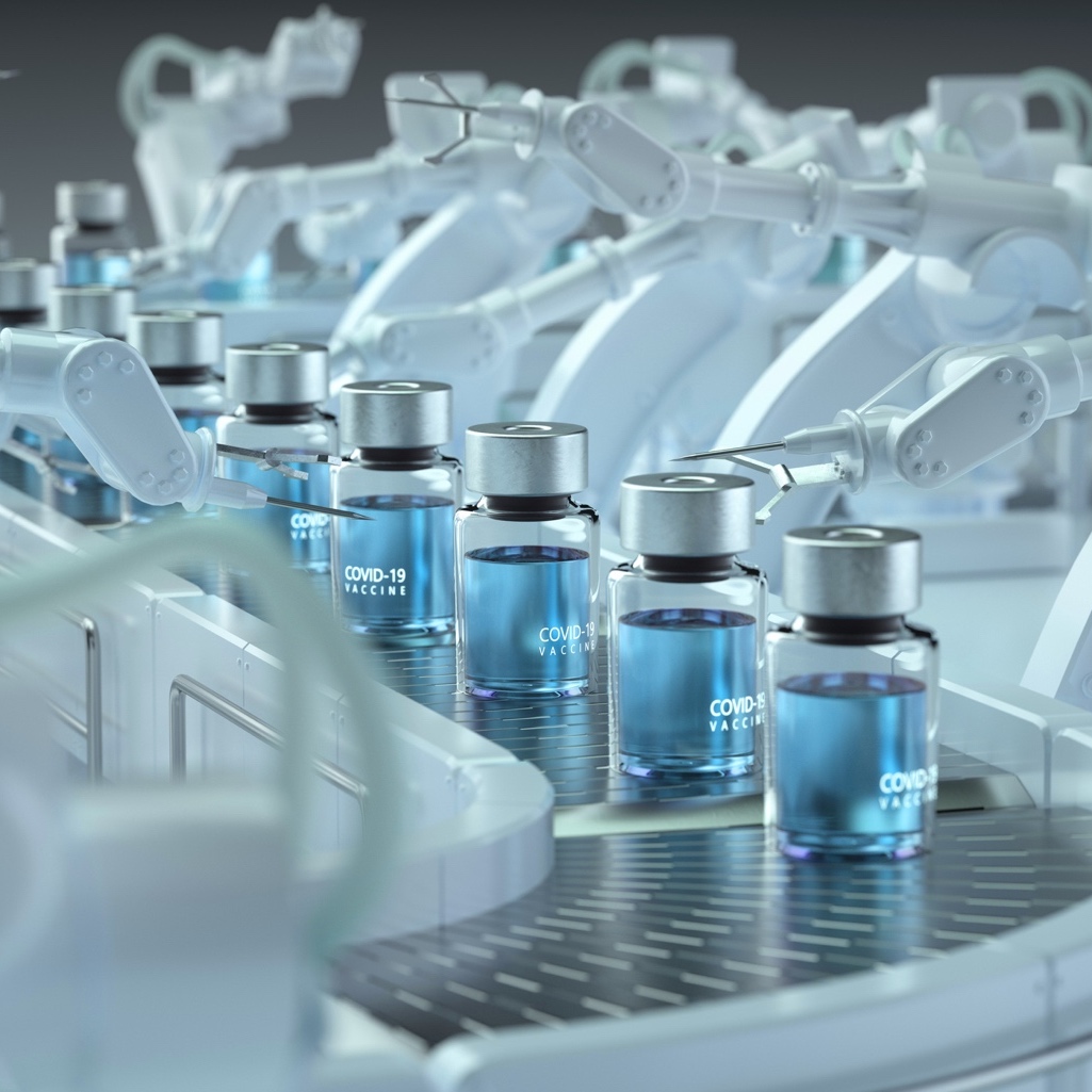 Vials with the Covid-19 Vaccine in a production line